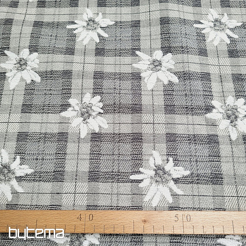 Luxurious decorative fabric FLOWERS AND CHECKERS grey