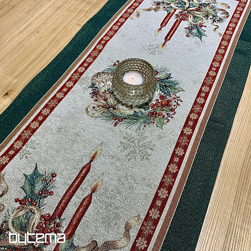 Tapestry tablecloth and scarf FLAMING CANDLES green trim