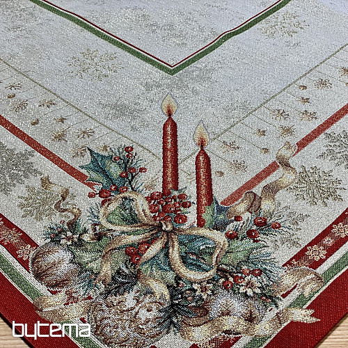 Tapestry tablecloth and scarf FLAMING CANDLES red trim