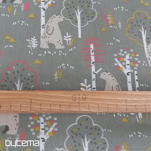 Cotton fabric BEAR FERDA olive green