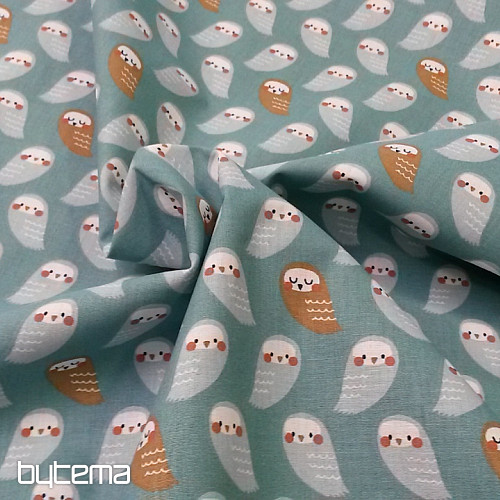 Cotton fabric OWLS turquoise