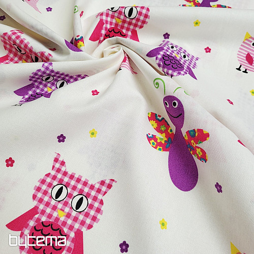 Children&#39;s decorative fabric PURPLE OWLS AND BUTTERFLIES