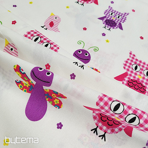 Children&#39;s decorative fabric PURPLE OWLS AND BUTTERFLIES