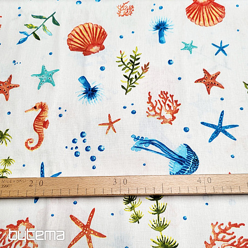 Cotton fabric SEAFOOD white