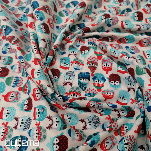 Cotton fabric OWLS IN WINTER blue