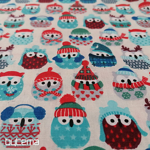 Cotton fabric OWLS IN WINTER blue