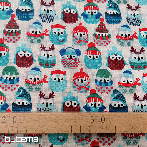 Cotton fabric OWLS IN WINTER blue