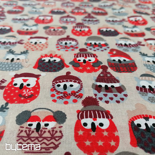 Cotton fabric OWLS IN WINTER red