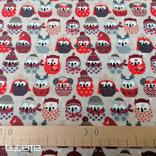 Cotton fabric OWLS IN WINTER red