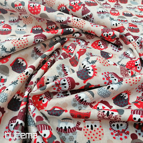 Cotton fabric OWLS IN WINTER red