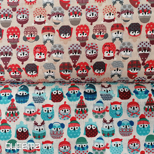 Cotton fabric OWLS IN WINTER red