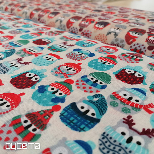 Cotton fabric OWLS IN WINTER blue