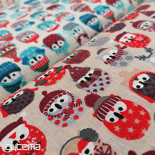 Cotton fabric OWLS IN WINTER red