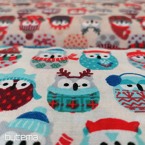 Cotton fabric OWLS IN WINTER blue
