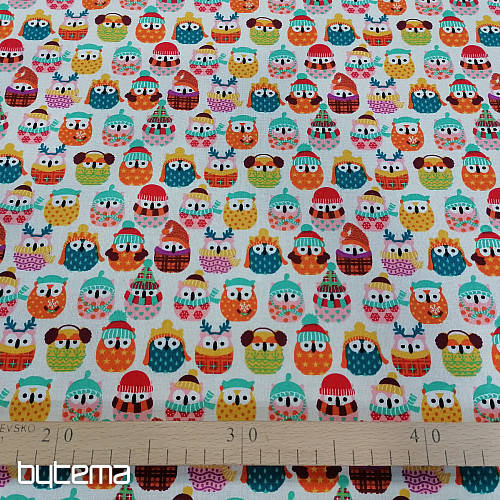 Cotton fabric OWLS IN WINTER colorful