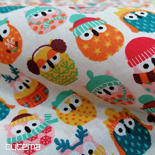 Cotton fabric OWLS IN WINTER colorful