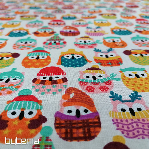Cotton fabric OWLS IN WINTER colorful