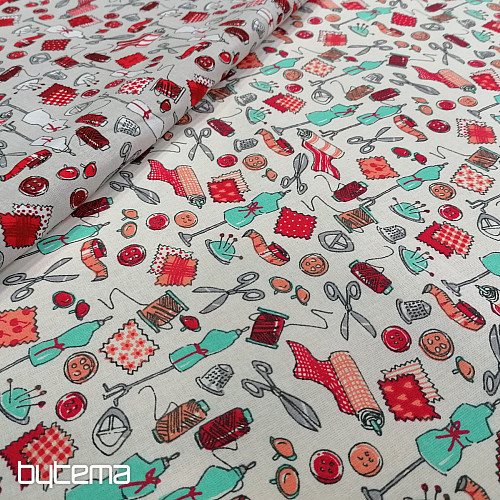 Cotton fabric SEWING WORKSHOP turquoise-red