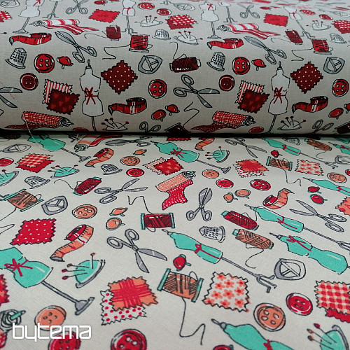Cotton fabric SEWING WORKSHOP turquoise-red