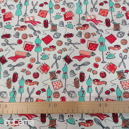 Cotton fabric SEWING WORKSHOP turquoise-red
