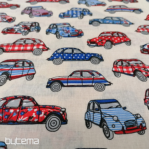 Cotton fabric CARS red-blue
