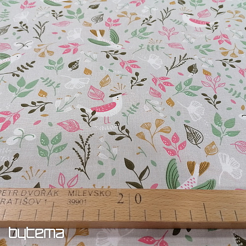 Cotton fabric BIRDS gray